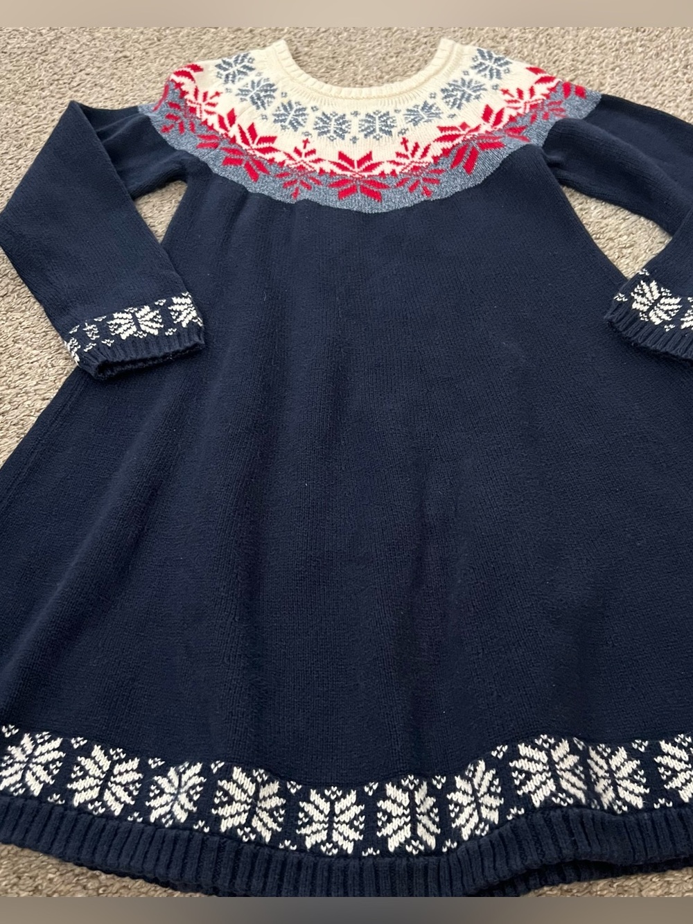 Hanna Andersson Navy Knit Dress with Red, White and Light Blue Fair Isle Size 8